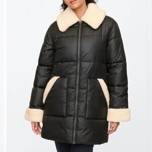 GAP Relaxed Cold Control Long Sherpa Puffer Coat Jacket Black Large